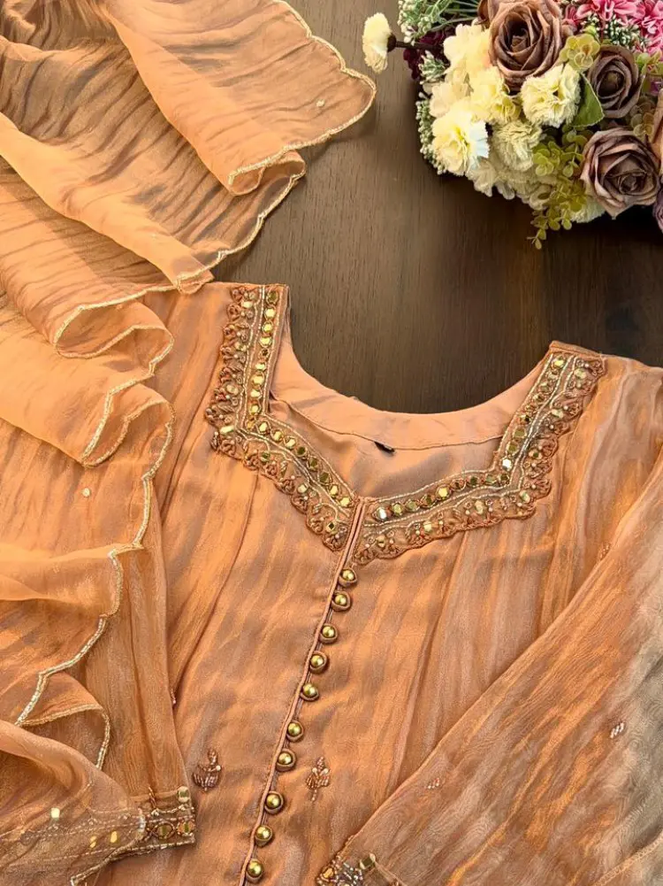 glass work dress design Premium Designer Glass Tissue Original Mirrorwork A Line Suit